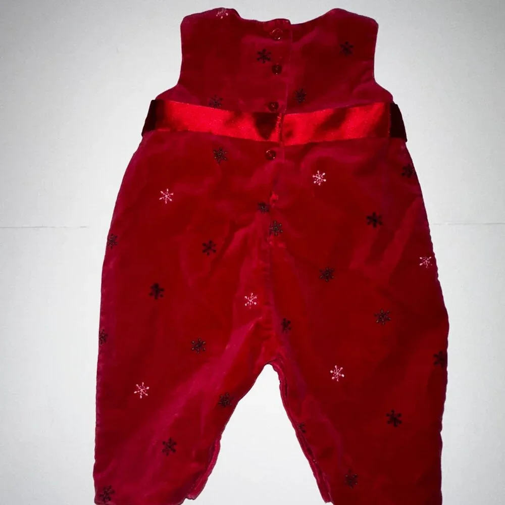 VTG OSH KOSH OshKosh Romper Sz 3-6 Mo Red Holiday Christmas Velvet Snowflake